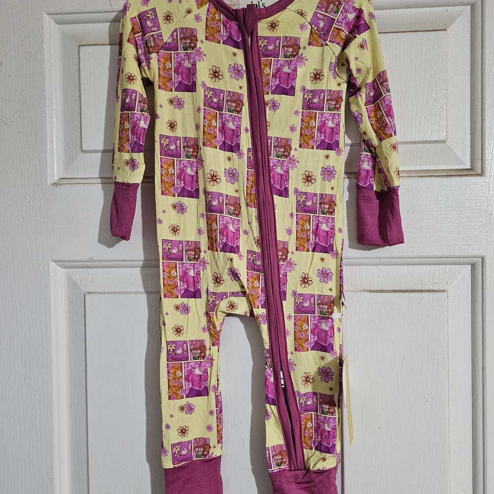 Kids One Piece Pajama with Pink and Yellow Floral Tangled Design